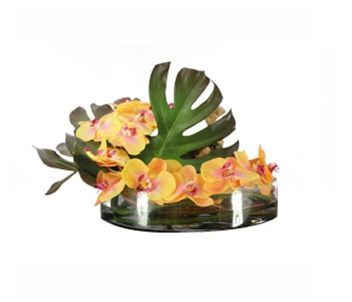 Heritage Bowl with Phylo Leafs, Driftwood and ORANGE Orchids 16ÄË›Äâ€šÅƒÅ›
