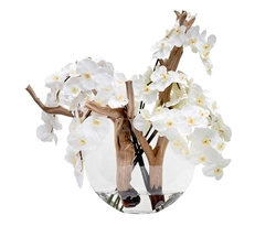 White Orchids with Vine on Glass Moon Base
