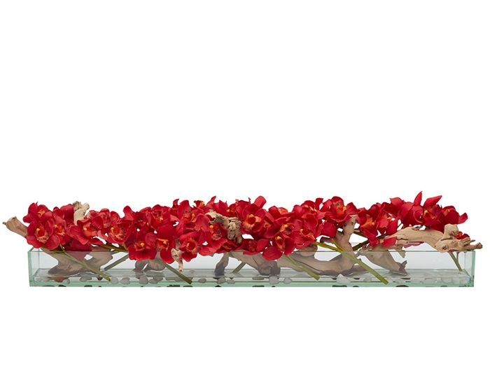 Modern Glass plate vase with driftwood and cymbidium orchids- RED 48"