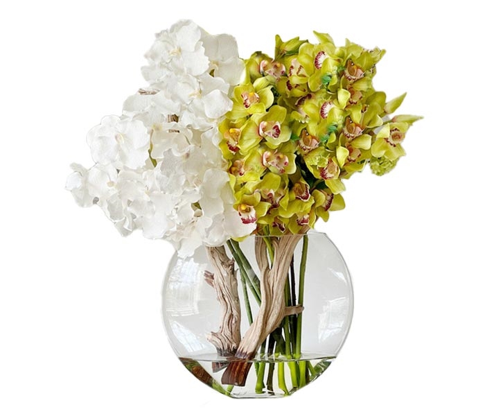 Moon vase with White Vanda Orchids and green Cymbidiums -*Special order
