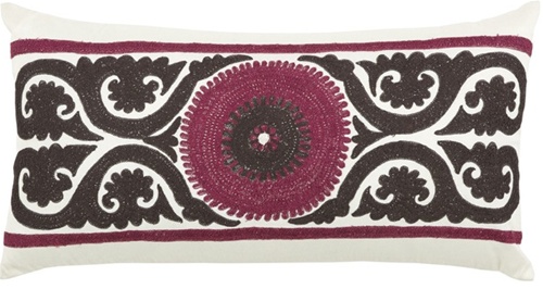 Miranda Lumbar Decorative Pillow Beige & Burgundy Embroidered