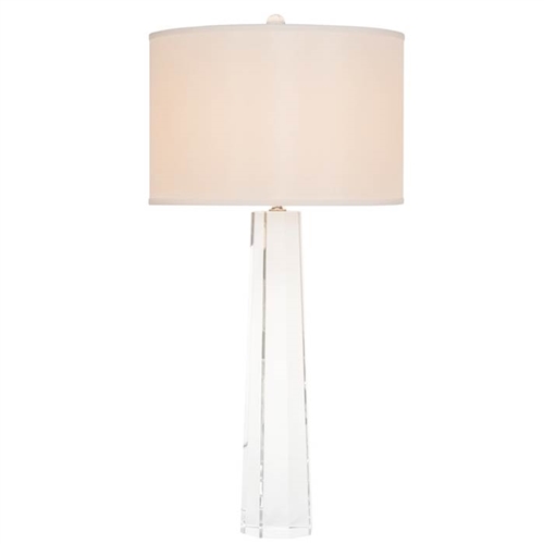 A white silk drum shade elegantly tops the faceted crystal base, defining our Davela Lamp with refinement and sleek modern appeal. Topped with a crystal finial, this lamp is sure to light up a room with a sophisticated glow.