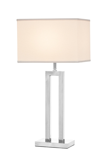 The Casale table lamp features a chrome plating finish and white fabric shade.