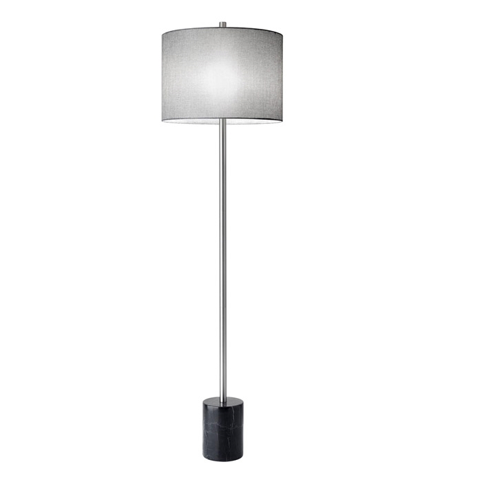 The Blythe Floor lamp pairs sleek brushed steel with a chunky black marble base for a sophisticated, yet contemporary look. A tweed-like grey textured shade finishes off the look.