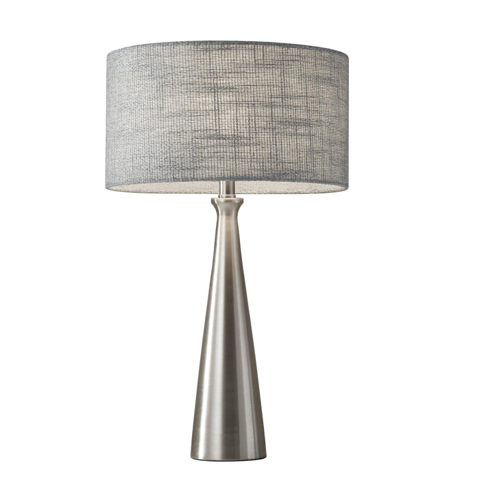 Linda Modern Table Lamp. A smooth, tapered base with a brushed steel finish beautifully reflects the light shining through a light grey textured fabric shade .