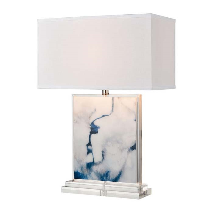 A clear, crystal base and edging display a marbled, blue and white acrylic slab to form the Belhaven Table Lamp. The fresh color palette is ideal for a costal style living room or bedroom, keeping the look current and adding a pop of color.