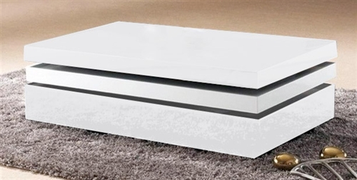 A remarkable piece of craftsmanship has generated this elegant white and black or all white rectangular coffee table which swivels around to reveal hidden storage beneath.