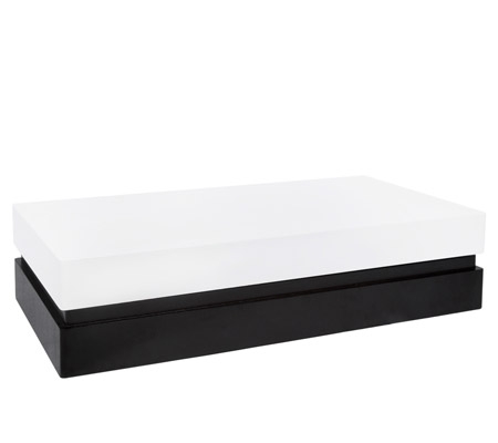 This sensational rectangular coffee table features a swivel top with hidden storage underneath. Finished in white and black lacquer.