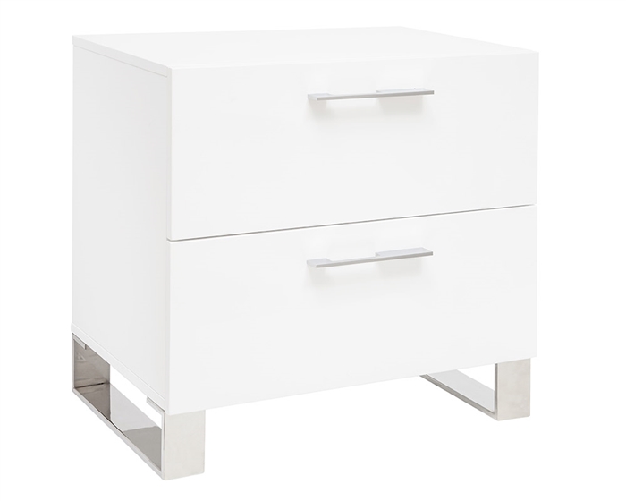 This modern Side Table has two soft closing drawers with stainless steel handles and legs. Available in white lacquer.