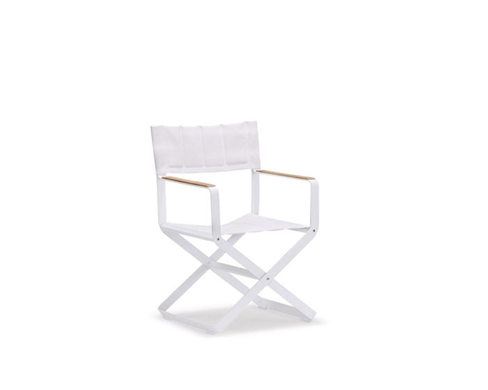 Clint Modern Patio Dining armchair in White Fabric with Teak Accents available at Modern Home 2 Go