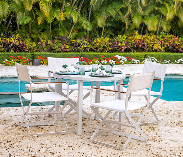 Clint Modern Patio Dining White Fabric with  Teak Accents available at Modern Home 2 Go