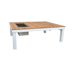 Polo Modern White Aluminum and Teak Outdoor Coffee Table with built in ice bucket.