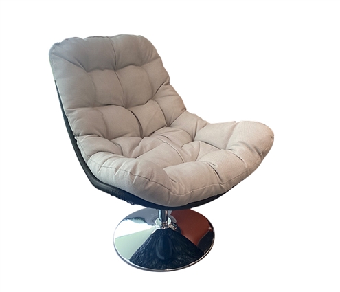 Outdoor Grey Rattan Swivel Chair with White Cushion Overlooking Scenic View