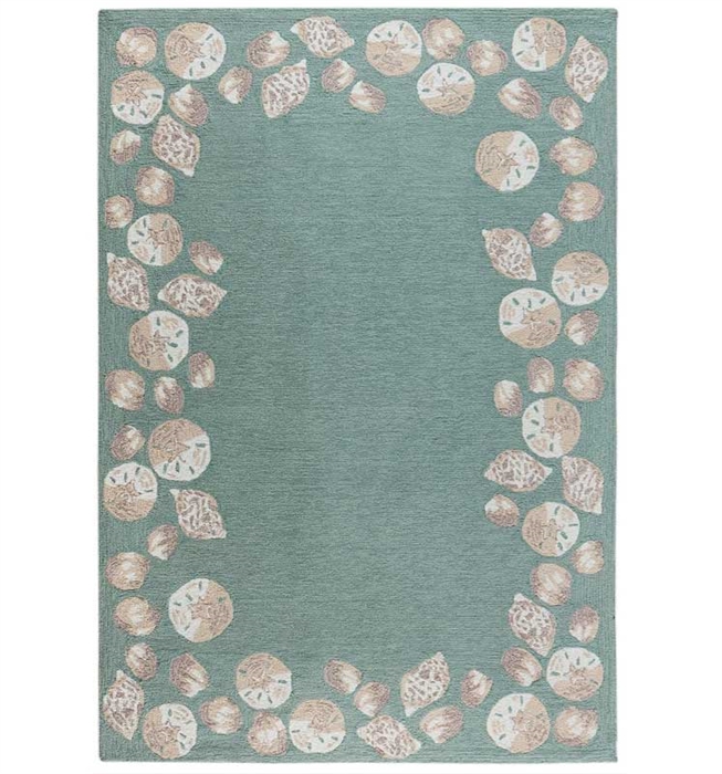 Capri Seashell Border Indoor/Outdoor Rug Aqua Collection. The perfect area rug to add abstract and modern design to your space