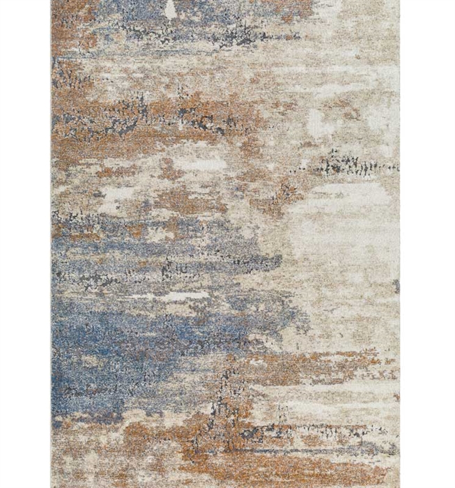Tuscany Modern Abstract Rug with a blend of tan, ivory, charcoal, black, and blue hues.