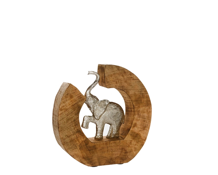 Aluminum Elephant In Mango Wood, Silver/Brown