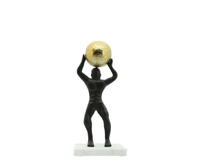 Furniture Accessory featuring a Metal Man Carrying Ball On Top in  Black with Gold ball thirteen inches high available for special order at MH2G Furniture stores in Miami and Fort Lauderdale