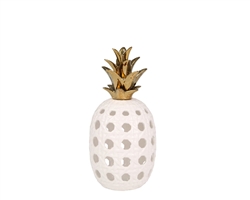 Sixteen inch tall Ceramic Lattice Weave Pineapple, White / Gold Home Accessory available for special order at MH2G Furniture stores in Miami and Fort Lauderdale