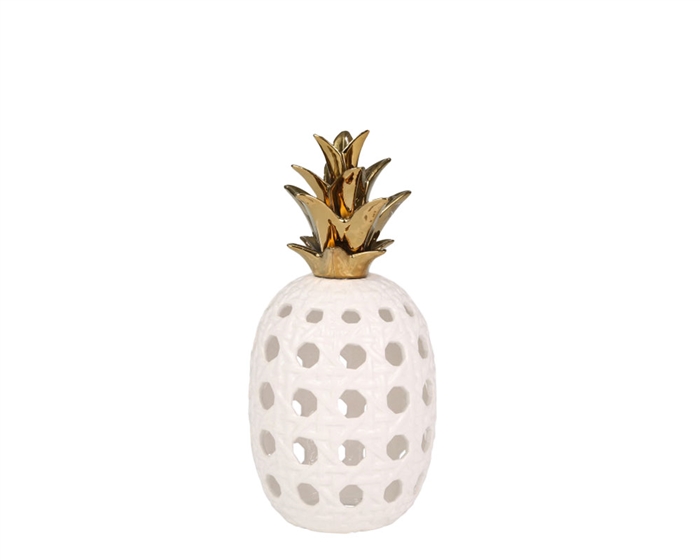 Sixteen inch tall Ceramic Lattice Weave Pineapple, White / Gold Home Accessory available for special order at MH2G Furniture stores in Miami and Fort Lauderdale