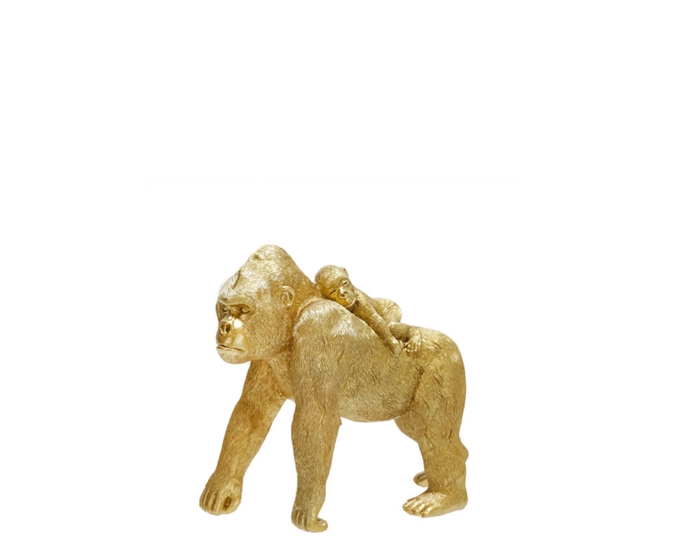 Polyresin Gorilla with Baby Gold eight inches high available as special order at MH2G Furniture store in Miami and Fort Lauderdale