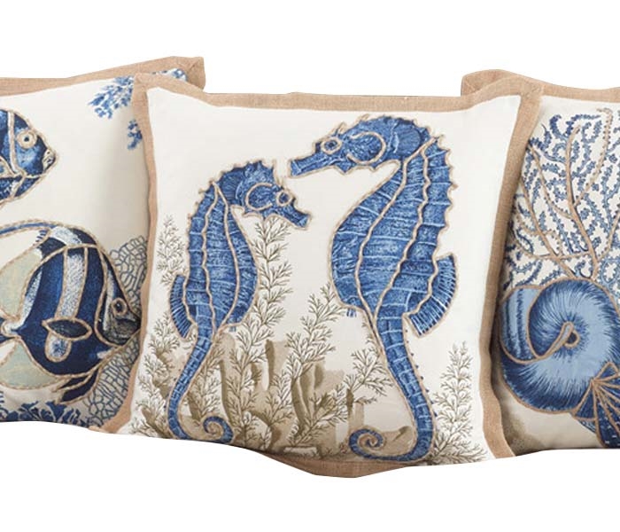 Navy blue seahorse embroidered pillow on 100% cotton fabric, 20" x 20"