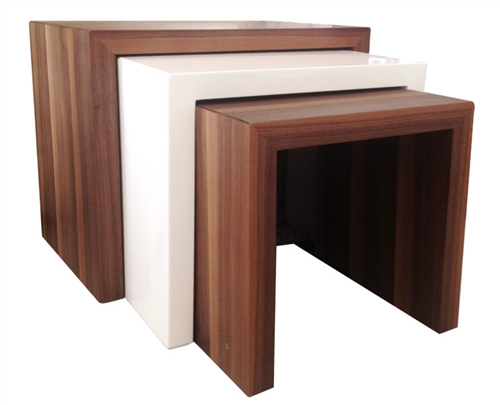 Contemporary nesting tables, available in all white, walnut-white-wenge or wenge-white-walnut order