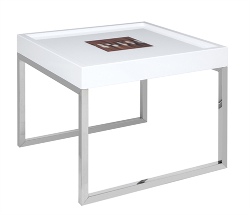 White lacquer side table with yellow horn center and stainless steel legs