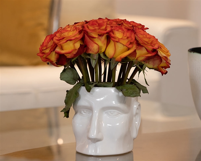 Face Chrome Vase White .  Dramatic aluminum decor.