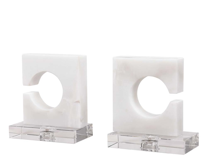 Clarin Bookends Set of 2. Contemporary trio features solid white marble rings supported by polished chrome rods and an elegant crystal base