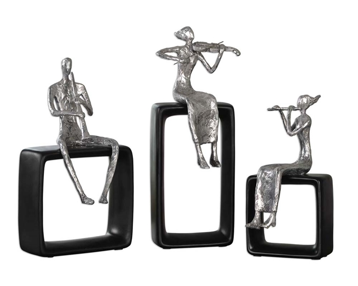 Musical Ensemble Set of 3 Musicians are cast in aluminum, and feature a textured, silver plated finish. Each musician is resting on a matte black base, perfect for a coffee table conversation piece, a bookshelf or foyer table