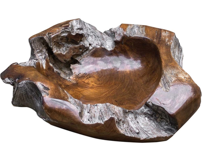 Giulio Teak Bowl Beautifully handcrafted teak bowl, finished in a weathered gray exterior and lacquered brown interior. Each will vary in size due to being uniquely handcrafted. Cracks and variations in grain are normal.