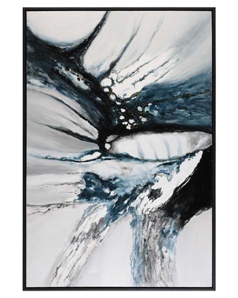 Go with the Flow hand painted canvas. Smooth, bold brushstrokes make up this modern abstract on canvas. Rich, hand painted shades of blue, black, gray, and white blend effortlessly in this expressive piece.