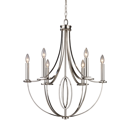 The Dione Chandelier utilizes sleek lines with laser cut oval accents to achieve a perfect balance. Finished in a beautiful polished nickel finish, features (6) 60 W Candelabra light bulbs. A Retrofit white drum shade can be added for a softer look