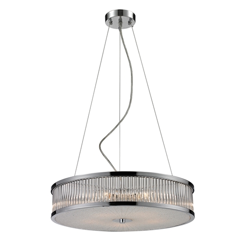 This sleek drum shaped design has glass rods that diffuse light into a glistering array. The characteristics of the textured glass diffuser and Polished Chrome finish enhance the dazzling light array to invigorate any decor.