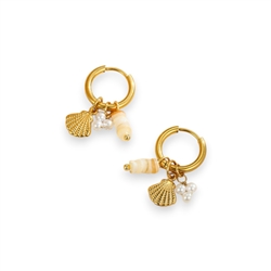 Pearl and Shell Drop Hoop in 18kt Gold Plate