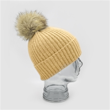 Cashmere Blend Faux Fur Pom-Pom Bobble Hat in Flax - HTN01F