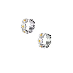 Silver Enamel Daisy Hoop Earrings