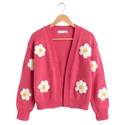 Daisy Applique Open Cardigan in Coral