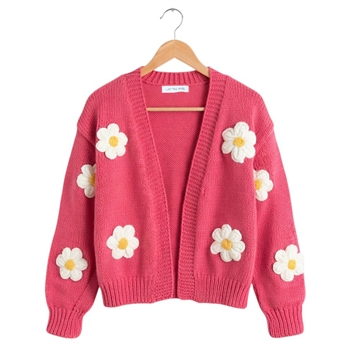 Daisy Applique Open Cardigan in Coral