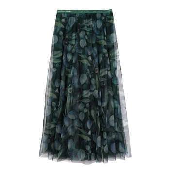 Green Botanical Print Tulle Layer Skirt