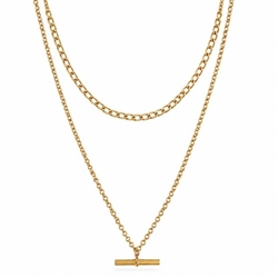 Twin Curb Chain T-bar Necklace in Gold