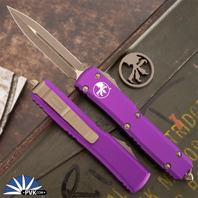 Microtech Ultratech 122-13APVI Double Edge Apocalyptic Bronze Blade, Violet Handle