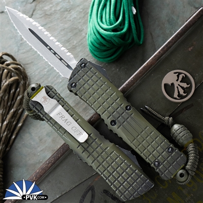 Microtech Combat Troodon 142-DR12APFOGG Frag Off Apocalyptic Double Reverse Full Serrated Edge Grenade Green Handle