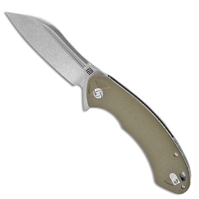 ArtisanCutlery Eterno Flipper Knife 3.54" Stonewashed D2 Modified Sheepsfoot Blade, Contoured Green G10 Handles
