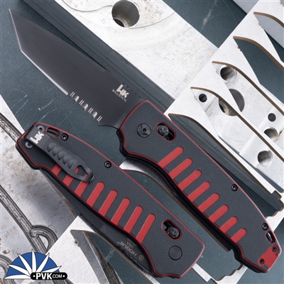 H&K Knives Ballista XL AUTO ABLE Lock CPM-S30V Black Drop Point Blade, Red and Black Chromacut G10 Handles, Built By Hogue