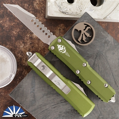Microtech UTX-85 719W-10ODS Warhound Stonewash Blade, OD Green Handle Signature Series