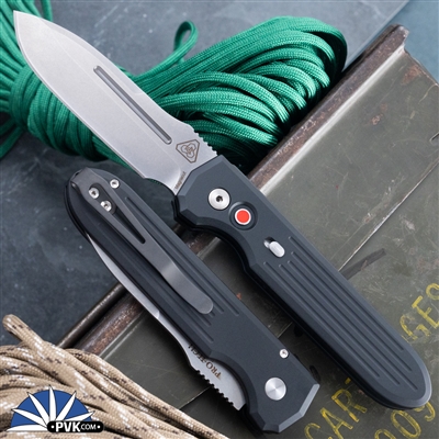 Protech/PDW Invictus Auto Stonewash Magnacut Blade, Black Slotted Handle, Red G10 Button, Steel Safety