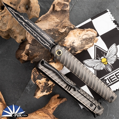 Zieba Six Dagger Black Magnacut Dagger Flipper Blade, Black Titanium Handle Vibe Laser Etched