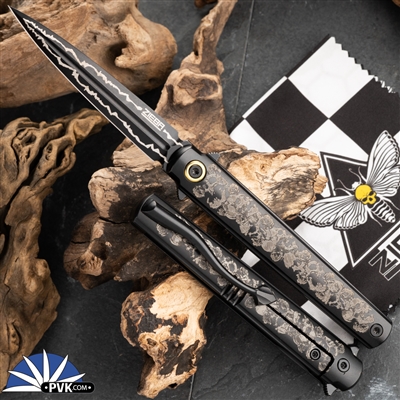 Zieba Six Dagger Black Magnacut Dagger Flipper Blade, Black Titanium Handle Skulls Laser Etched