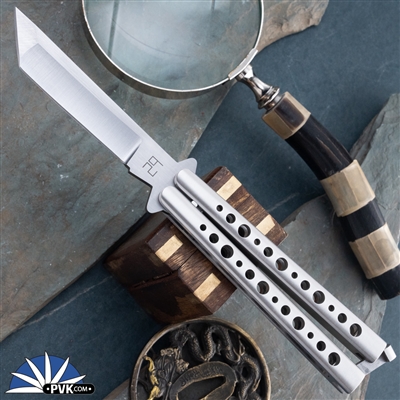 29 Knives Custom 4" S35VN Tanto, "Thin Skeleton" Channel Cut 303 Stainless Steel Handles